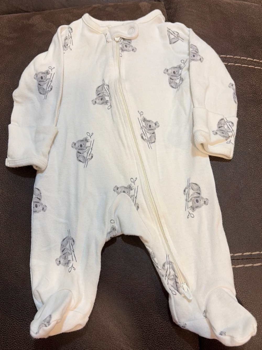 Cream Baby Footed Zip Pajamas with Koala Print